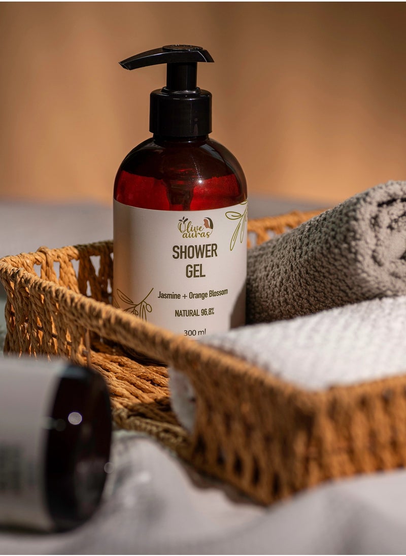 Olive Auras - Olive Auras Jasmine & Orange Blossom Shower Gel 300ml A Luxurious Cleansing Experience 96.8% Natural Shower Gel it Gently Cleanses & Pampers Leaving Skin Soft & Delicately Scented - Image 1