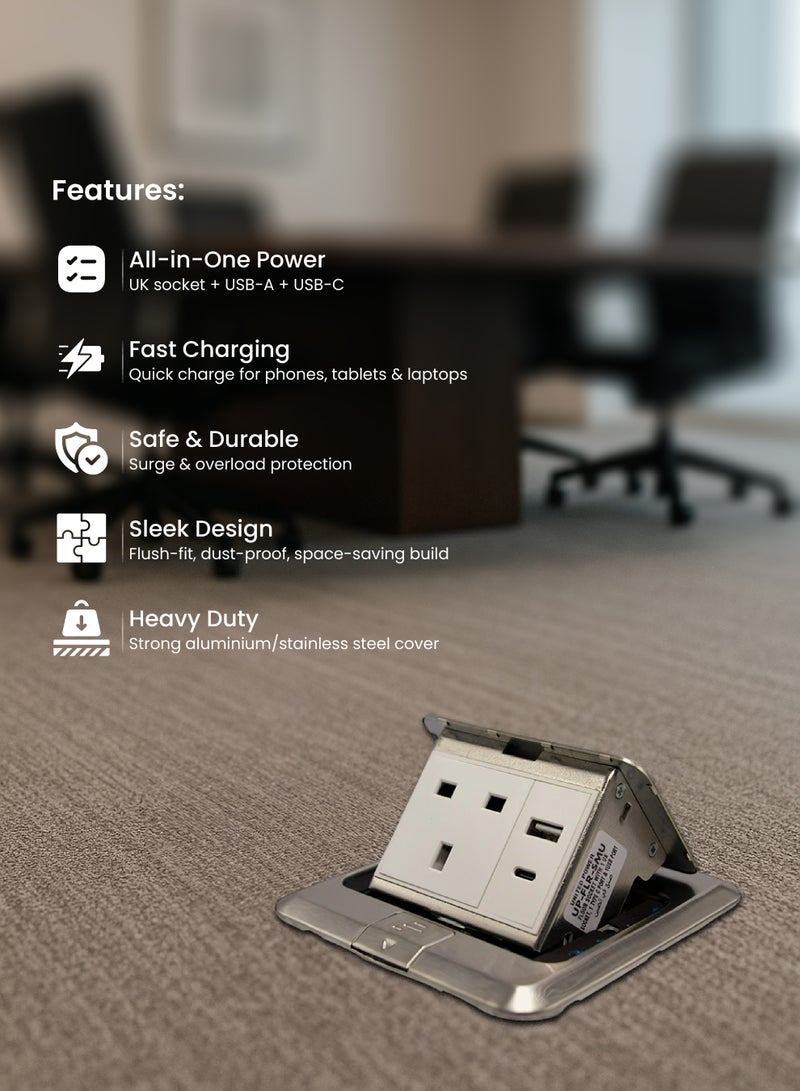 يونايتد باور مقبس أرضي يحتوي على مقبس كهرباء بريطاني واحد، منفذ من النوع C واحد، ومنفذ USB واحد - Image 2