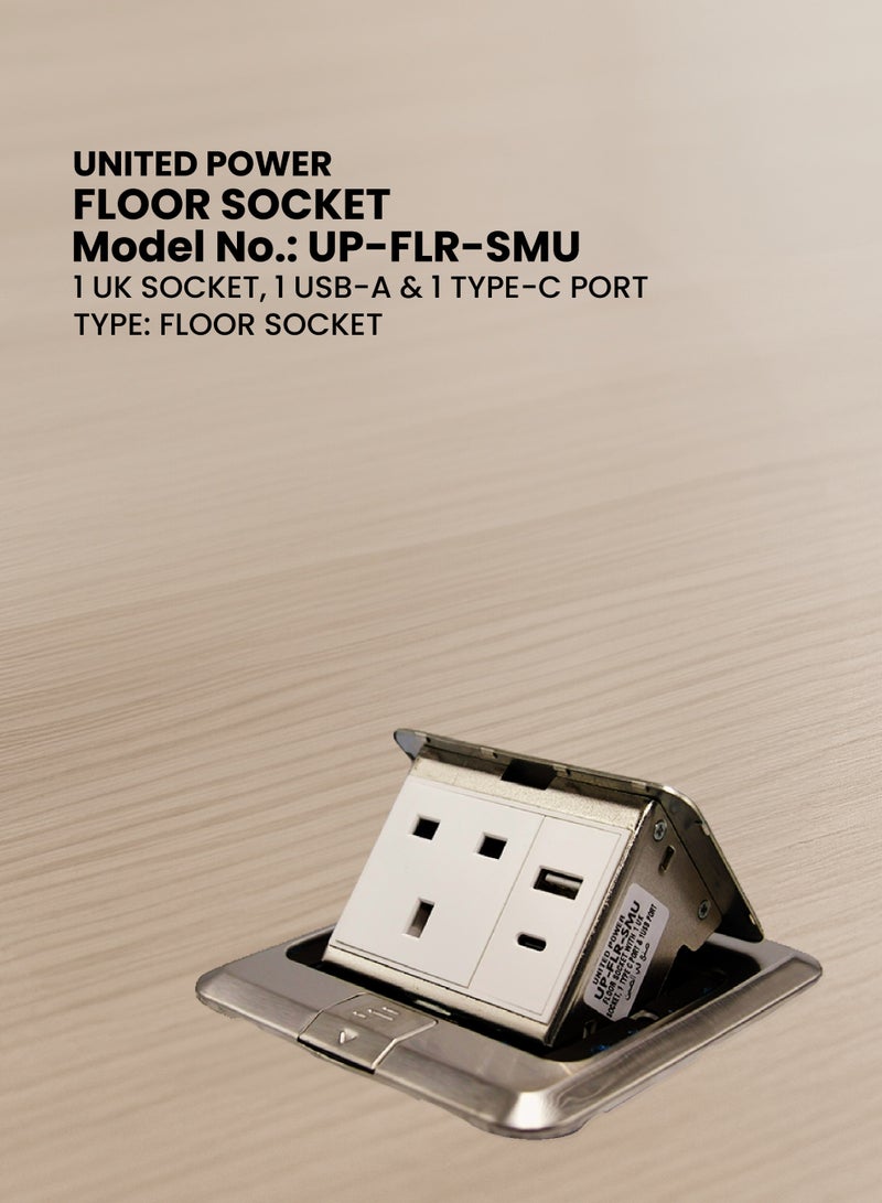 يونايتد باور مقبس أرضي يحتوي على مقبس كهرباء بريطاني واحد، منفذ من النوع C واحد، ومنفذ USB واحد - Image 4