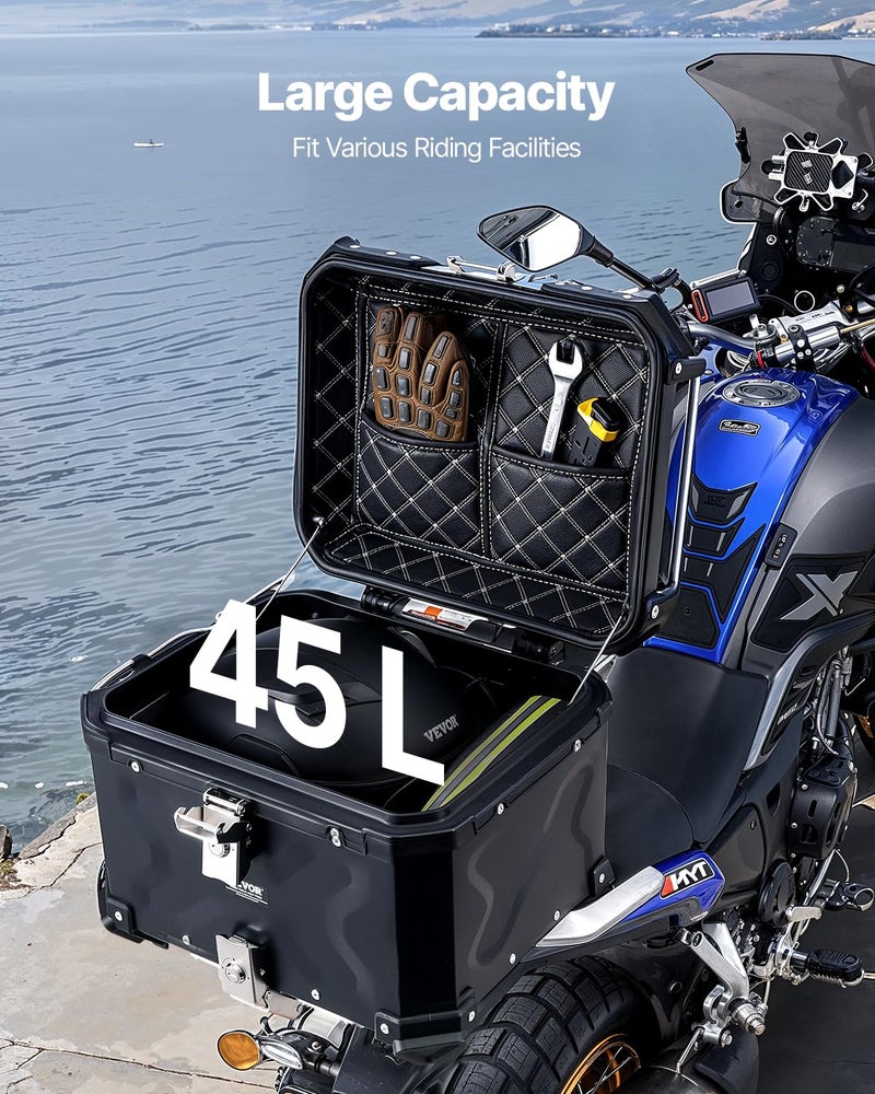 VEVOR Motorcycle Top Case 45L, Universal Aluminum Alloy Motorbike Tail Box with Leather Lining, 45L Waterproof Detachable Motorcycle Top Box with Lock & Back Cushion, Fit for 99% of Motorcycle Frames - Image 3