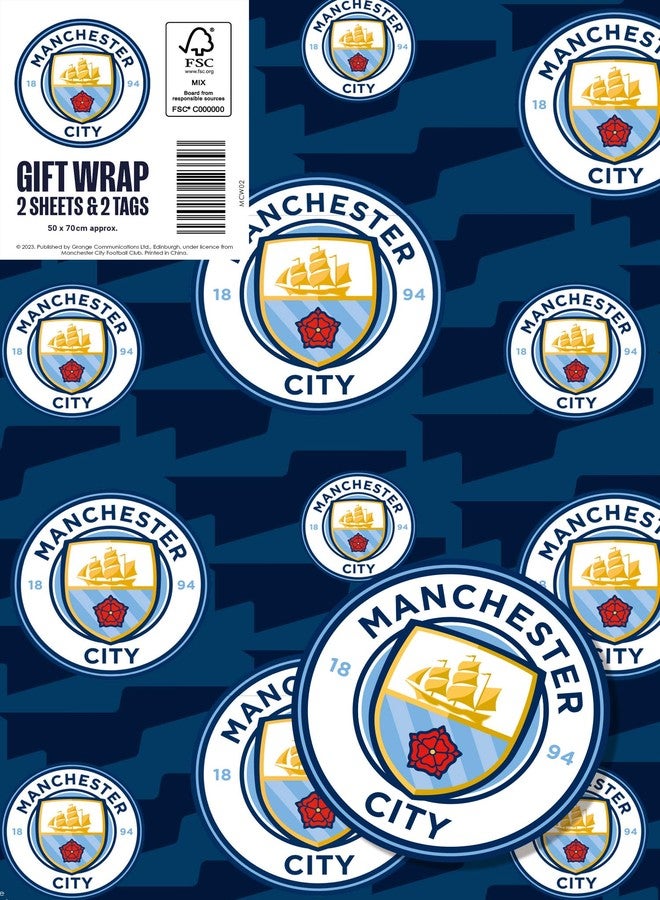 Danilo Promotions LTD Manchester City FC Wrapping Paper 2 sheets 2 tags, Manchester City Football Gift Wrap - Image 1