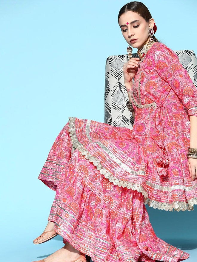 آي شين طقم كورتا نسائي من القطن الخالص بنقشة الزهور مع شال وشارارا - Image 4