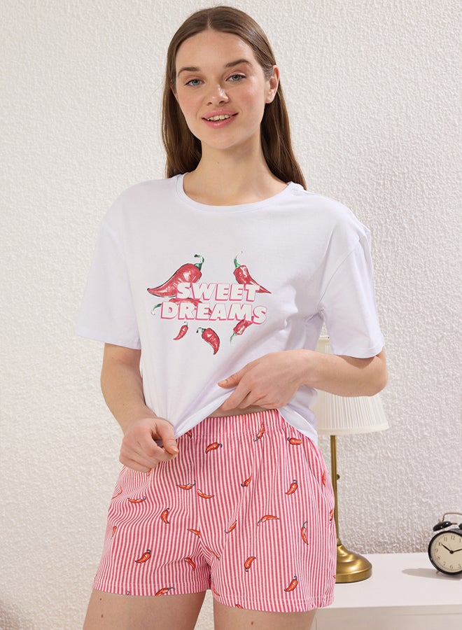 trendyol White Cotton Striped Pepper Patterned Shorts Knitted Pajama Set - Image 2