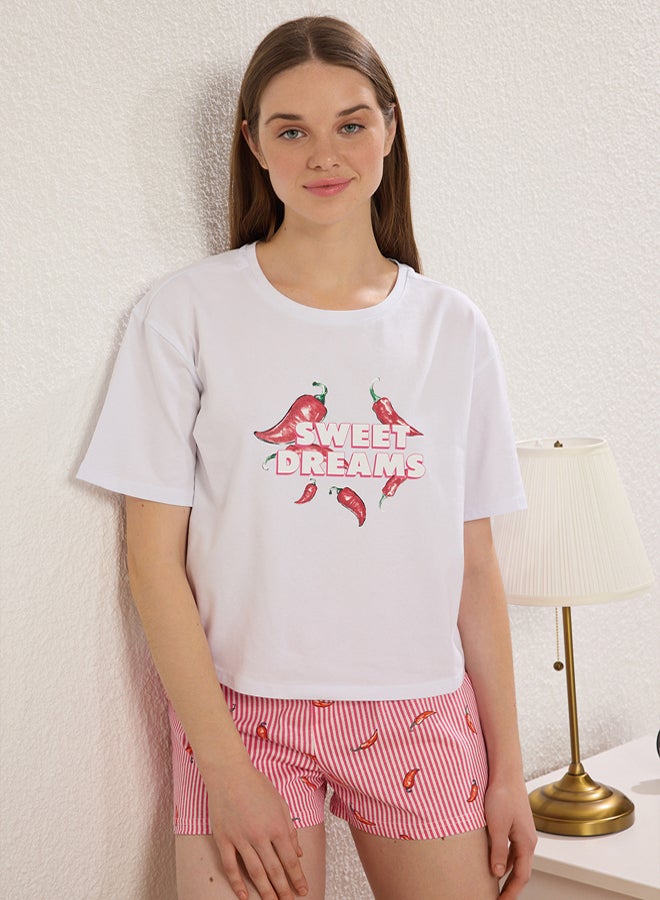 trendyol White Cotton Striped Pepper Patterned Shorts Knitted Pajama Set - Image 3