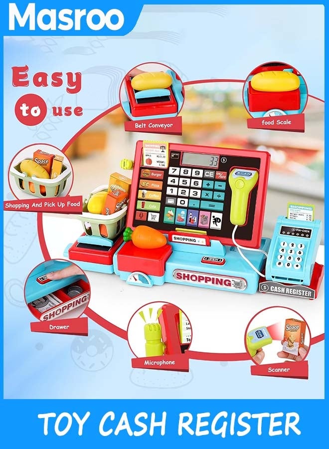 Masroo Toy Cash Register for Kids with Sound Music/Scanner/Microphone/Credit Card/Play Money, Pretend Learning Toy Kids Cash Register, Christmas Birthday Gift for Toddlers Girl Boy Age 3 4 5 6 - Image 4