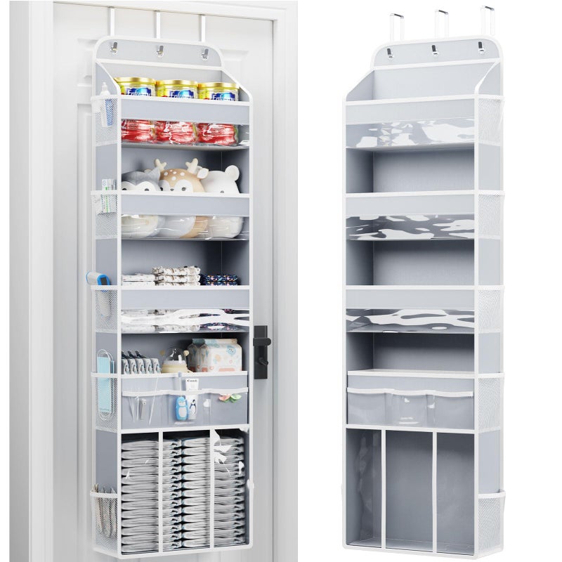 OneDream Over the Door Organizer for Nursery, 5-Tier Baby Clothes Organizer with Removable Storage Caddy, Hanging Behind Door Storage with Clear Pockets and Side Mesh Compartments, Grey - Image 1