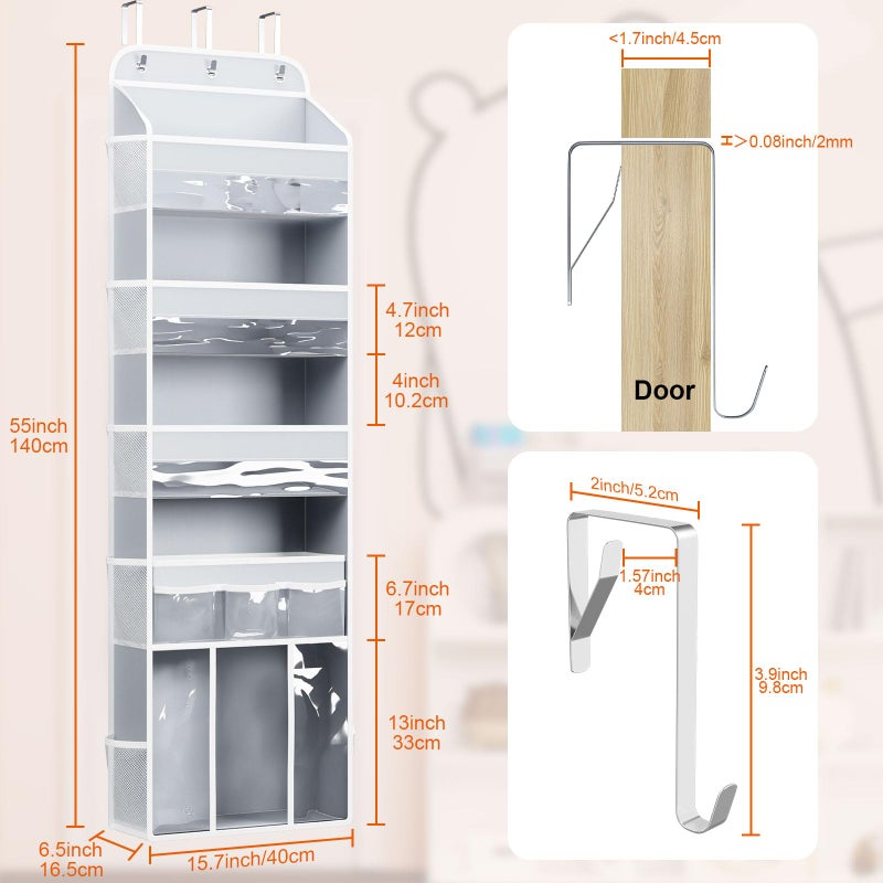 OneDream Over the Door Organizer for Nursery, 5-Tier Baby Clothes Organizer with Removable Storage Caddy, Hanging Behind Door Storage with Clear Pockets and Side Mesh Compartments, Grey - Image 2