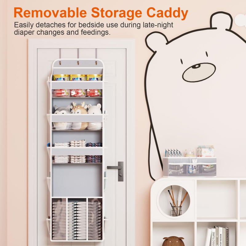 OneDream Over the Door Organizer for Nursery, 5-Tier Baby Clothes Organizer with Removable Storage Caddy, Hanging Behind Door Storage with Clear Pockets and Side Mesh Compartments, Grey - Image 3