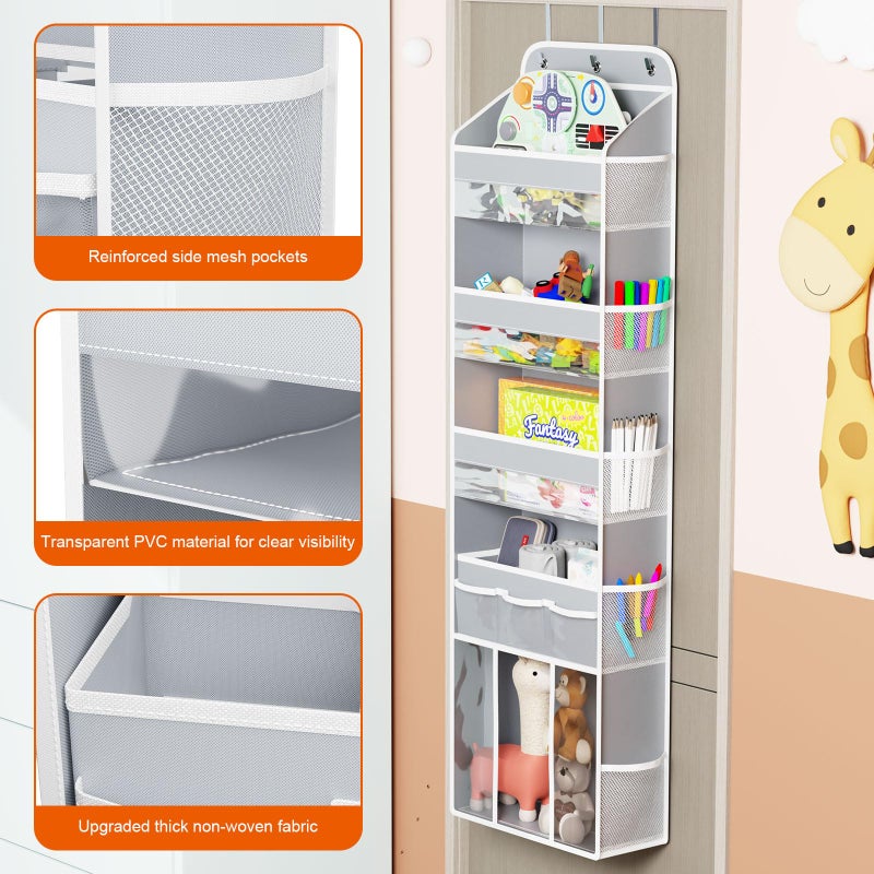 OneDream Over the Door Organizer for Nursery, 5-Tier Baby Clothes Organizer with Removable Storage Caddy, Hanging Behind Door Storage with Clear Pockets and Side Mesh Compartments, Grey - Image 5