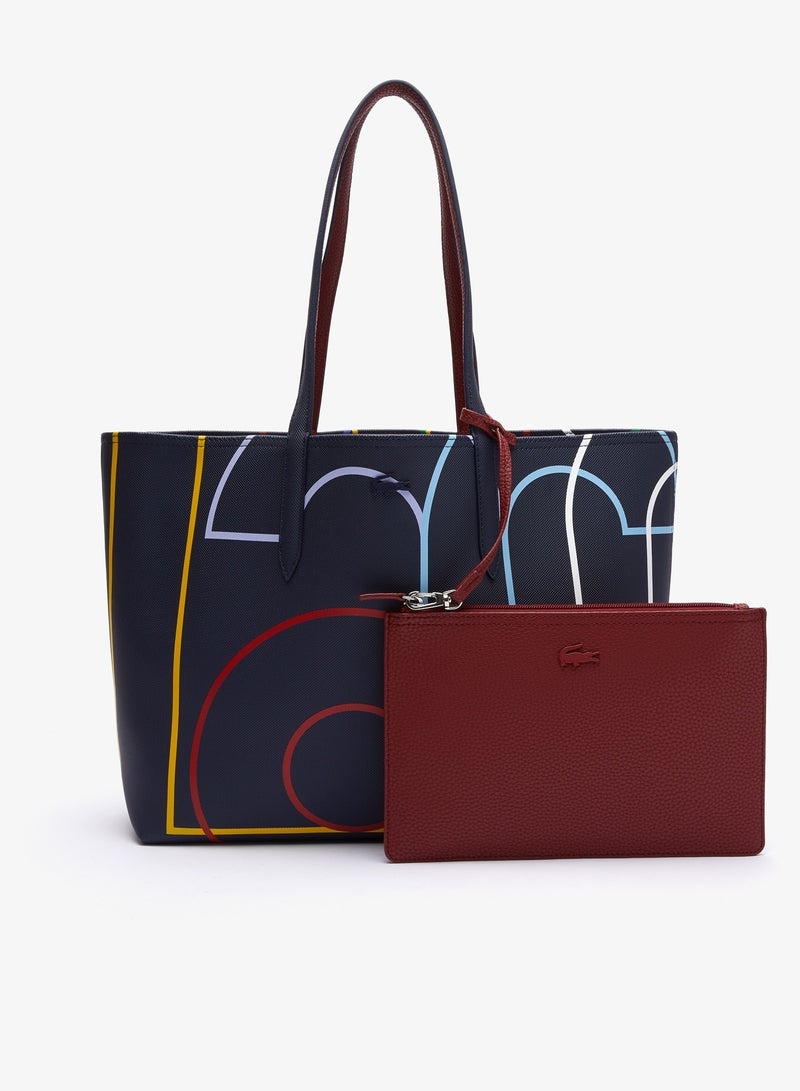 لاكوست حقيبة تسوق كبيرة من القماش الكتاني مطبوعة من  Anna Zip Pouch، باللون الأزرق - Image 1