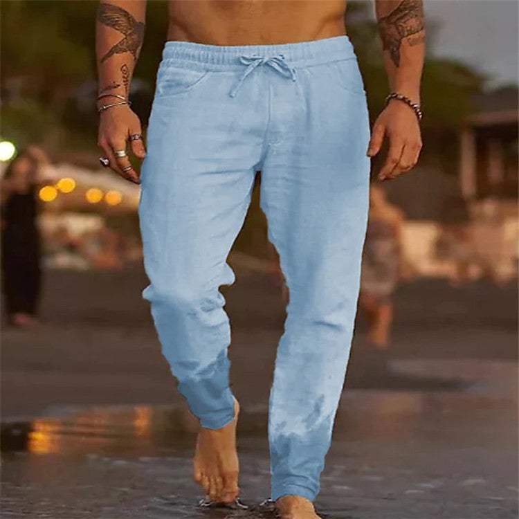European and American Cross-border 2025 Summer New Mens Solid Color Casual Pants Loose Niche Drawstring Beach Straight Pants Light blue 