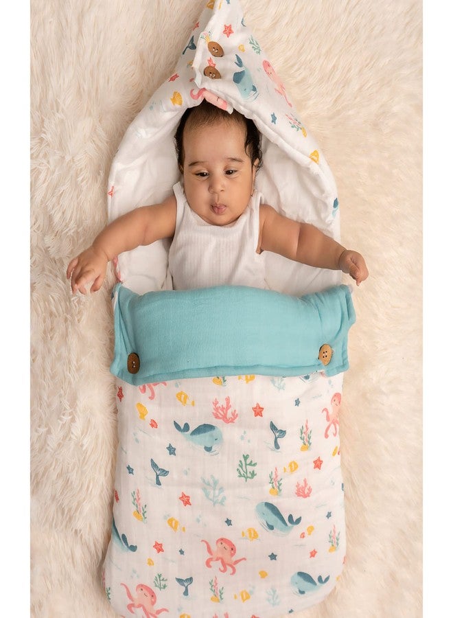 haus & kinder Haus and Kinder 3 in 1 Baby Sleeping Bag and Carry Nest | Cotton Bedding Set for Infants and New Born Baby | Portable and Travel Friendly Carrier Nest | 0-6 Months (Vitamin Sea) - Image 1