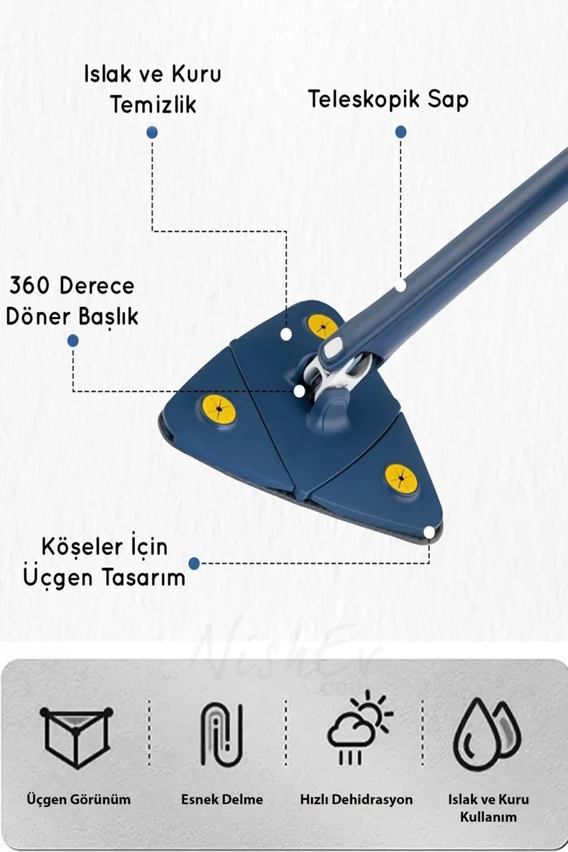 Nishev Magic Telescopic Reservoir Triangle Microfiber Mop Mop Wet Dry Wall Ceiling Tile Parquet Cleaning