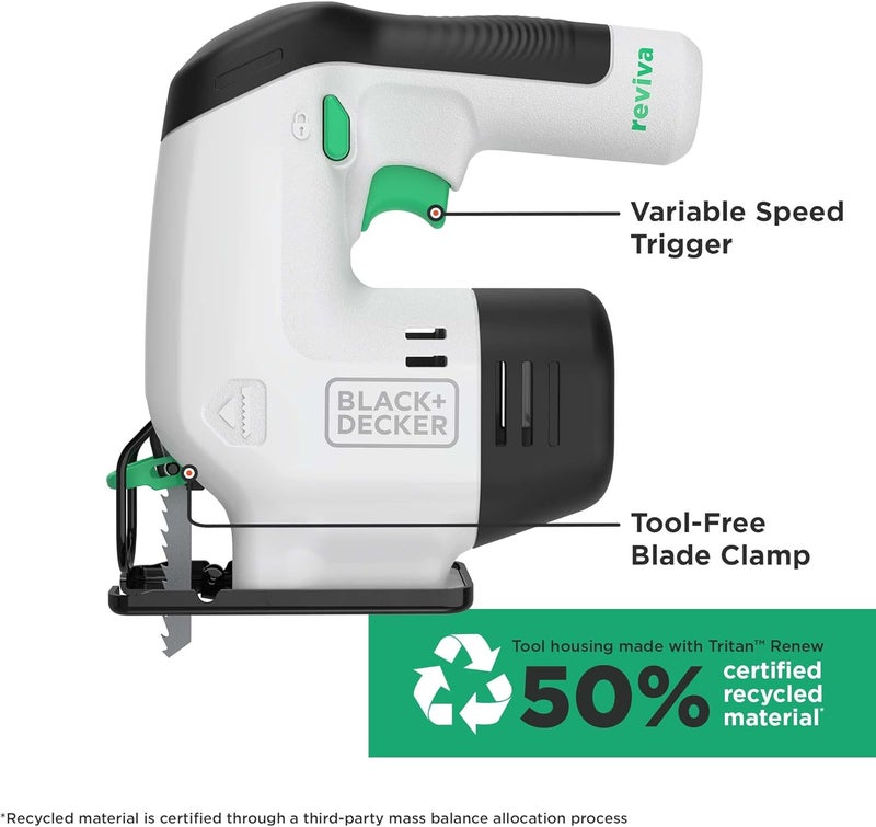 بلاك اند ديكر منشار كهربائي لاسلكي Reviva 12 فولت مصنوع من 50% مواد معاد تدويرها، سريع ودقيق في قطع الخشب والبلاستيك والمعادن Revj12C-Gb ضمان لمدة عامين - Image 2