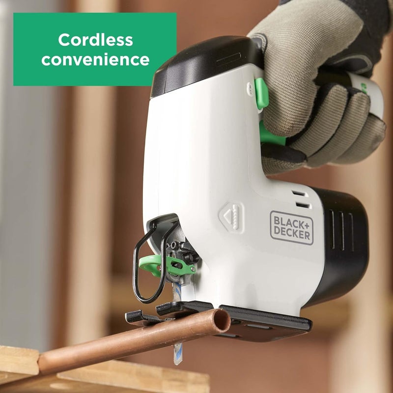 بلاك اند ديكر منشار كهربائي لاسلكي Reviva 12 فولت مصنوع من 50% مواد معاد تدويرها، سريع ودقيق في قطع الخشب والبلاستيك والمعادن Revj12C-Gb ضمان لمدة عامين - Image 4