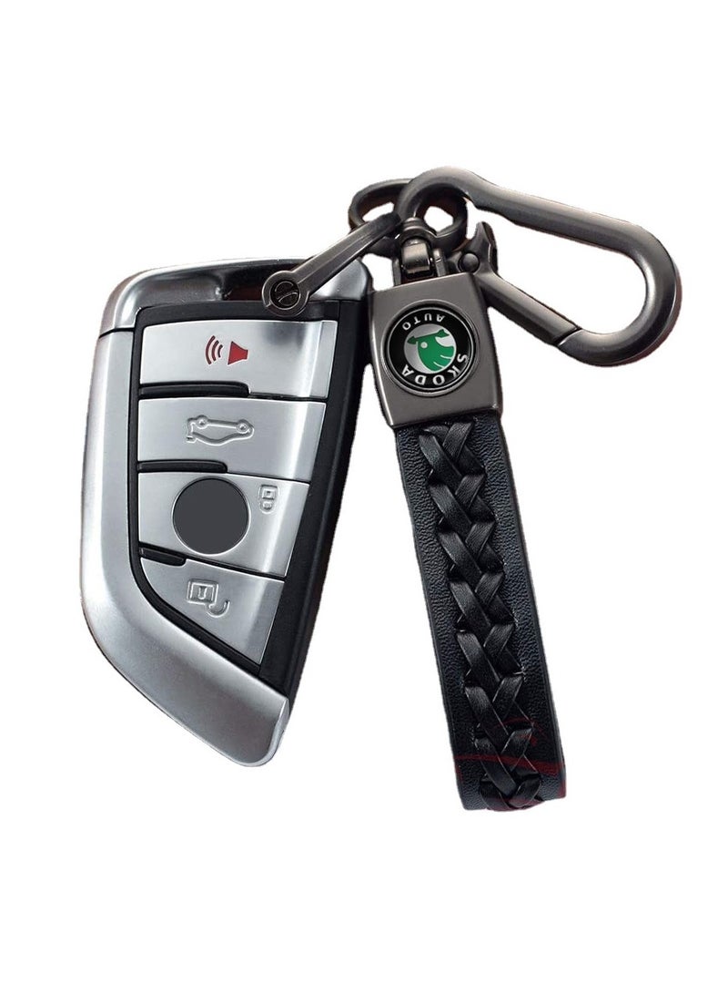 Generic Leather Car Logo Keychain for Skoda Car and Metal Chain Keyring - Black  - Image 2