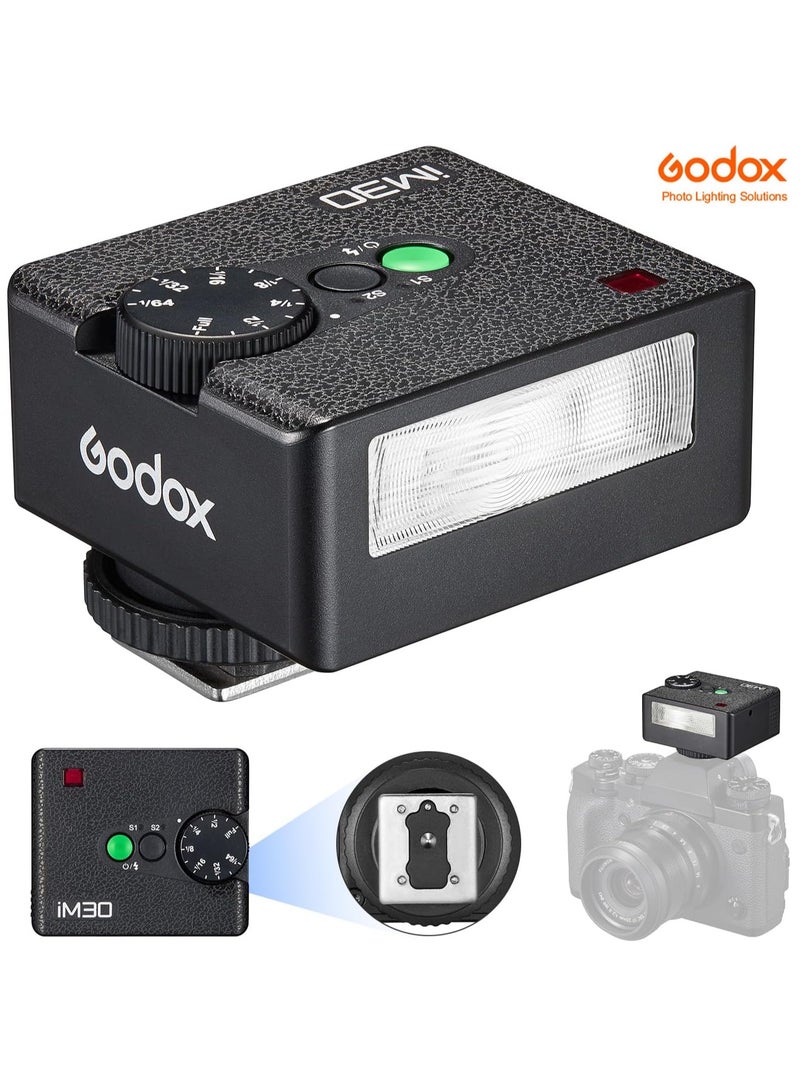 Godox IM30 Mini Flash (New Upgrade) for Canon/Nikon/Fuji/Sony, 230 Full-Power Hotshoe Single-Contact Flashes GN15 Mini Flash with 7 Power Levels Pocket Size Speedlite for Photography/Travel/Portrait  - Image 1