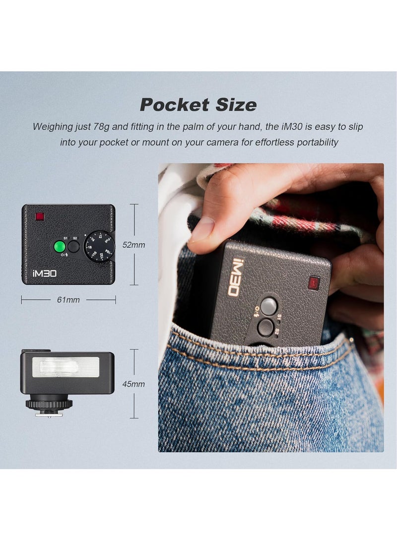Godox IM30 Mini Flash (New Upgrade) for Canon/Nikon/Fuji/Sony, 230 Full-Power Hotshoe Single-Contact Flashes GN15 Mini Flash with 7 Power Levels Pocket Size Speedlite for Photography/Travel/Portrait  - Image 4