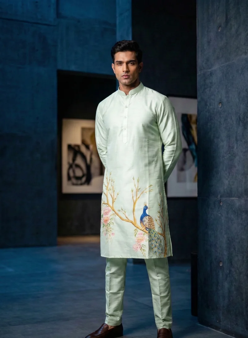 Lehar Men’s Pastel Green Embroidered Silk Blend Kurta Set – Ivory with Peacock Floral Motif