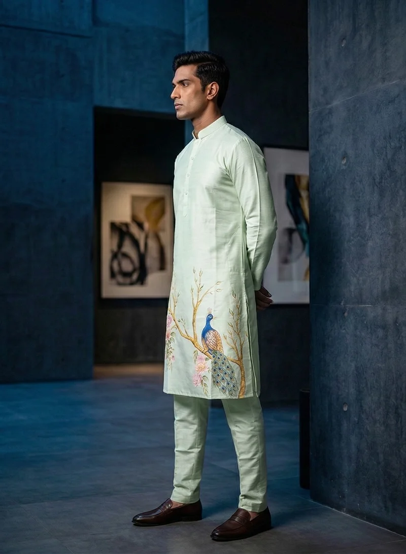 Lehar Men’s Pastel Green Embroidered Silk Blend Kurta Set – Ivory with Peacock Floral Motif