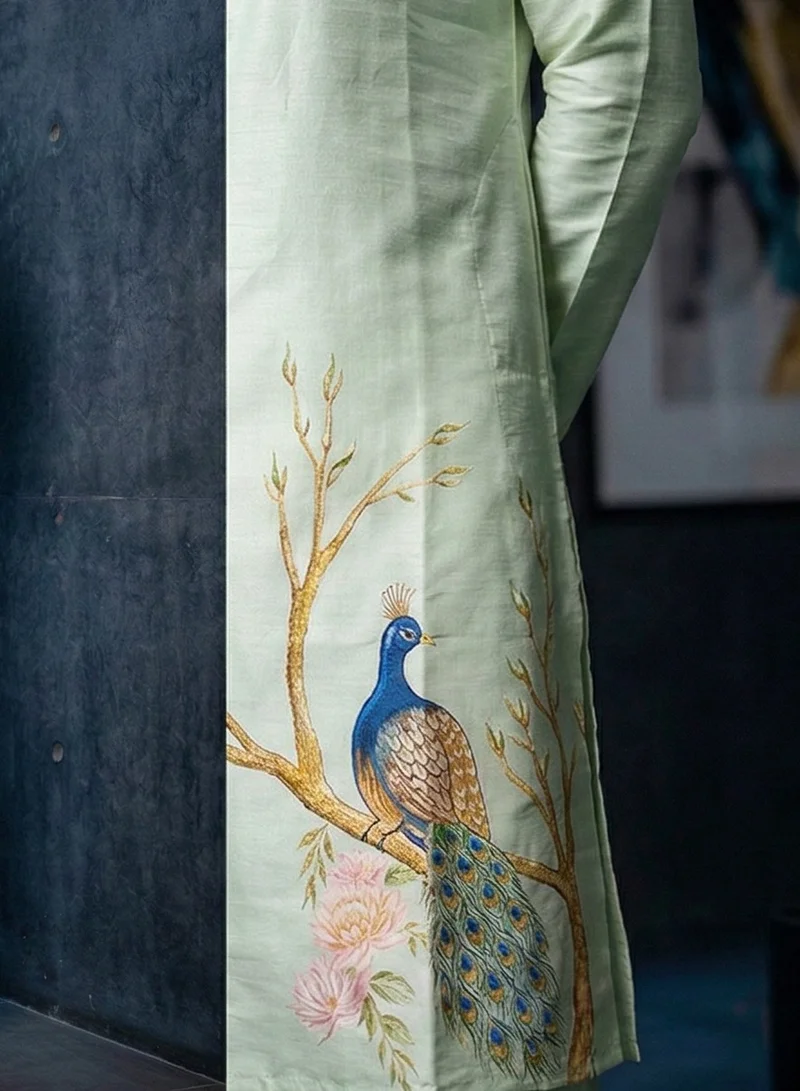Lehar  Men’s Pastel Green Embroidered Silk Blend Kurta Set – Ivory with Peacock Floral Motif for Men | Best Price UAE