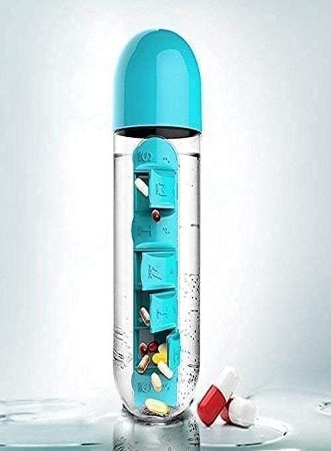 KLIVE Water Bottle With Tablets Storage, Pill Box Organizer, Medicine Storage Box, 600ml Plastic, Multicolour, Reusable, Stable Base, Office, Gym, Travel, Home, School, Camping - Image 4