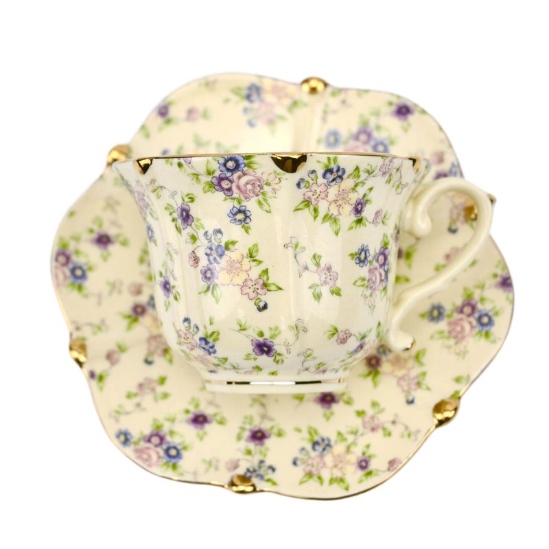TATSUMI Country Roses Bone China Tea Cup and Saucer Set, 3 Pieces, Vintage Style, For Women and Tea Parties(yellow,1 Set) - Image 2