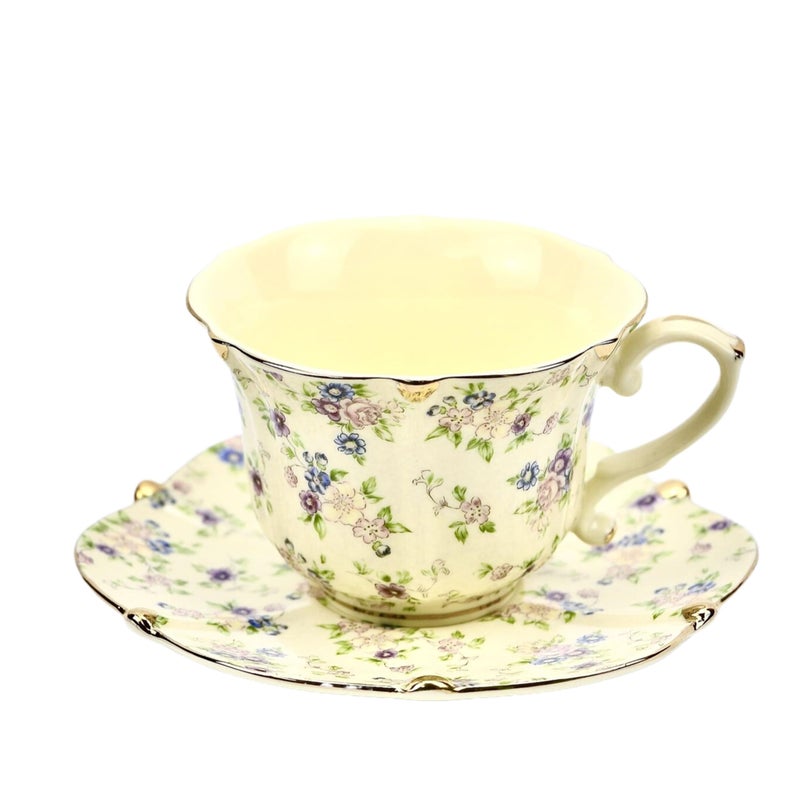 TATSUMI Country Roses Bone China Tea Cup and Saucer Set, 3 Pieces, Vintage Style, For Women and Tea Parties(yellow,1 Set) - Image 1