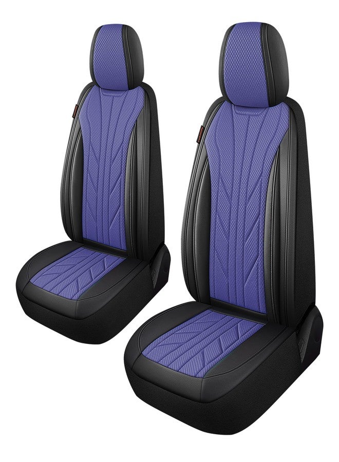 CAROMOP Luxury Faux Leather&Fabric Car Seat Covers 2 Front Seats with Breathable 3D Foam Back Support, Universal Seat Covers for Cars,Trucks,SUVs, Front Armrests Compatible(Black/Blue)