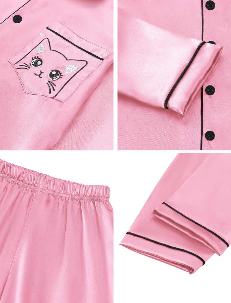 Mikrdoo Girls Satin Pajama Sets:Cute Silky Long Sleeves & Pants Sleepwear PJ Set for Kid, Pink, 9-10Years - Image 4