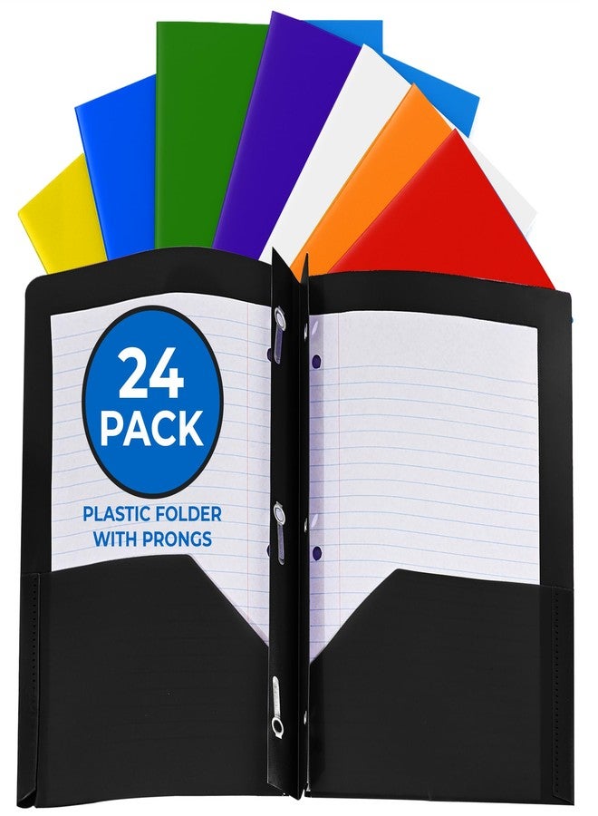 EPI 24 Pack Assorted Colors Plastic Folders with Pockets Heavy Duty. 2 Pocket Folder with Prongs Bulk. Tear-Resistant Letter Size 8.5x11. Presentation Ready School and Office Supplies - Image 1