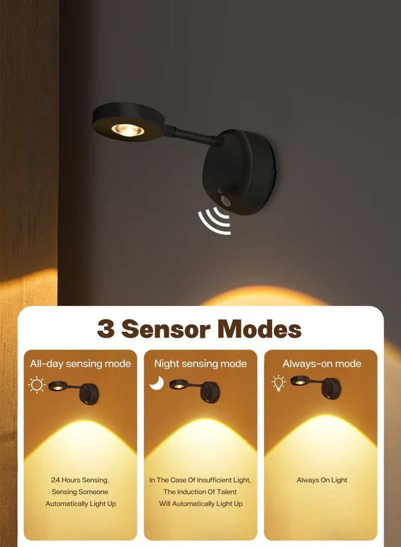 FUOE Rechargeable motion sensor image light, spotlight painting light, LED wall light, night light, three-color dimmable 360° rotating (black) - Image 4