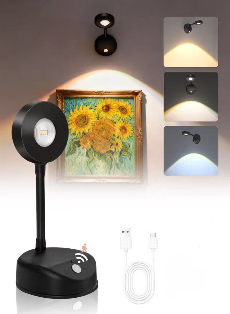 FUOE Rechargeable motion sensor image light, spotlight painting light, LED wall light, night light, three-color dimmable 360° rotating (black) - Image 1