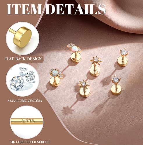 GEMQUEEN Hypoallergenic Flat Back Earrings for Women White Gold Plated Solid 925 Sterling Silver Post Stud Cartilage Helix Conch Tragus Piercing Jewelry 3 Pairs Tiny Screw Dainty CZ Opal Earring Set Sun - Image 2