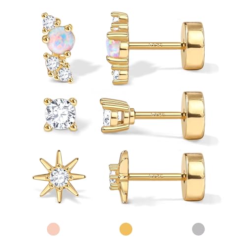 GEMQUEEN Hypoallergenic Flat Back Earrings for Women White Gold Plated Solid 925 Sterling Silver Post Stud Cartilage Helix Conch Tragus Piercing Jewelry 3 Pairs Tiny Screw Dainty CZ Opal Earring Set Sun - Image 1