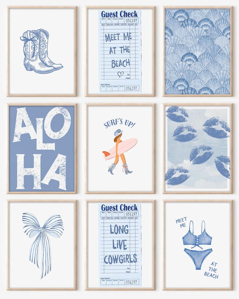Kizbok Coastal Cowgirl Room Decor Coastal Granddaughter Room Decor Blue Surf Up Beachy Wall Decor Preppy Aesthetic Pictures Trendy Beach Wall Art Boho Cowgirl Posters for Teen Girl Dorm Apartment Decor Set of 9 Unframed - Image 2