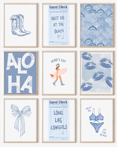 Kizbok Coastal Cowgirl Room Decor Coastal Granddaughter Room Decor Blue Surf Up Beachy Wall Decor Preppy Aesthetic Pictures Trendy Beach Wall Art Boho Cowgirl Posters for Teen Girl Dorm Apartment Decor Set of 9 Unframed - Image 1