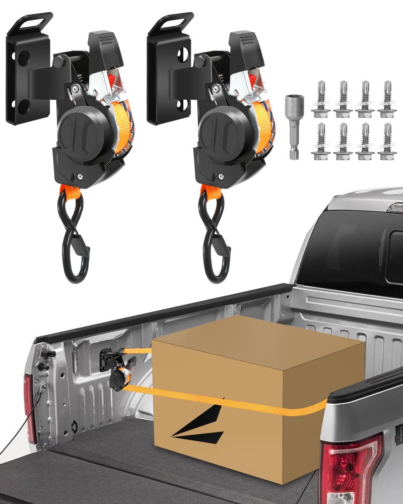 EXODIOS Dual-Pivot Retractable Truck Bed Ratchet Straps for Ford F150, Multi-Angle Rotation Bed Mounted Retractable Tie Down Straps Compatible with 2009-2014 Ford F-150 (2Pcs) - Image 1