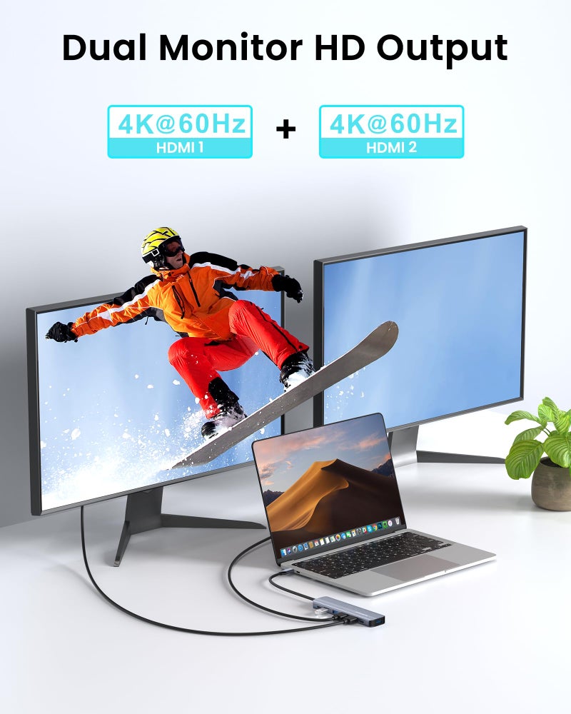 Glomtheia USB C Hub Docking Station Dual Monitor for Laptop, MacBook Air/Pro Dock Adapter Multiport Dongle with 2 HDMI Ports 4K 60Hz, 100W PD Charging, 3 USBA 3.0 & USBC - Image 3