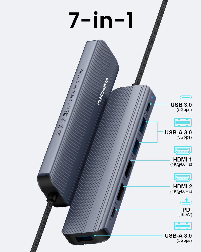Glomtheia USB C Hub Docking Station Dual Monitor for Laptop, MacBook Air/Pro Dock Adapter Multiport Dongle with 2 HDMI Ports 4K 60Hz, 100W PD Charging, 3 USBA 3.0 & USBC - Image 2