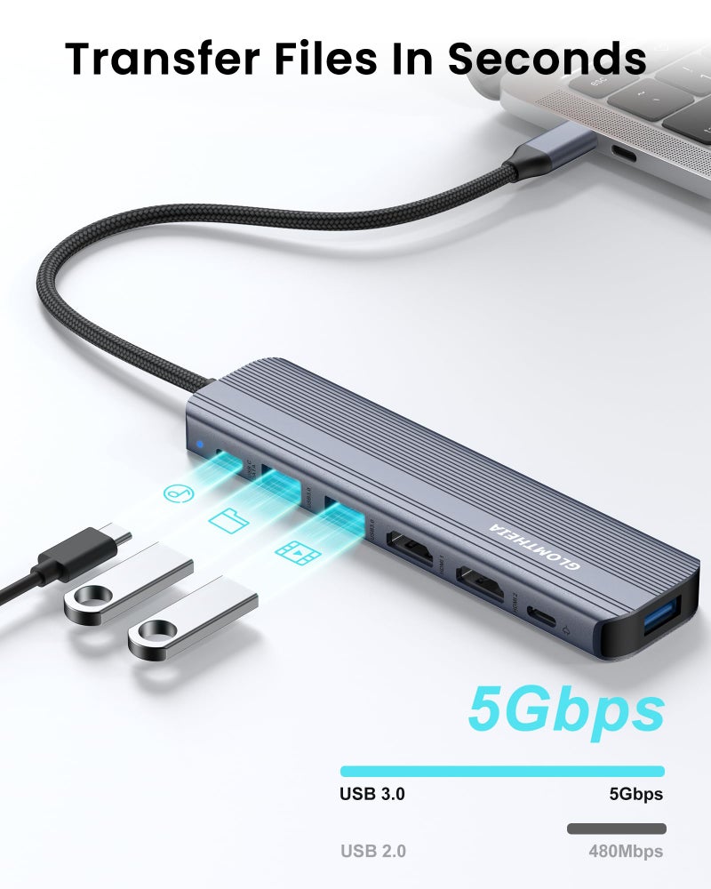 Glomtheia USB C Hub Docking Station Dual Monitor for Laptop, MacBook Air/Pro Dock Adapter Multiport Dongle with 2 HDMI Ports 4K 60Hz, 100W PD Charging, 3 USBA 3.0 & USBC - Image 5
