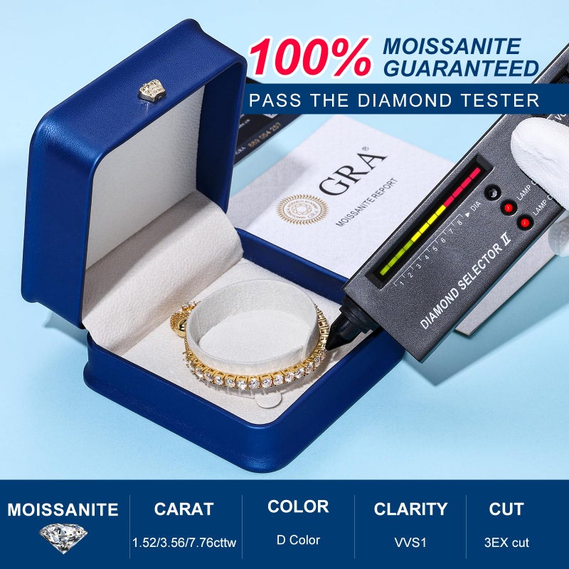 TUHE Moissanite Tennis Bracelet 2MM 1.79Carats Adjustable Tennis Bracelets for Women 18K Yellow Gold Plated S925 Sterling Silver Bracelets D Color VVS1 Lab Grown Moissanite Bracelet Valentine's Day Gift - Image 2