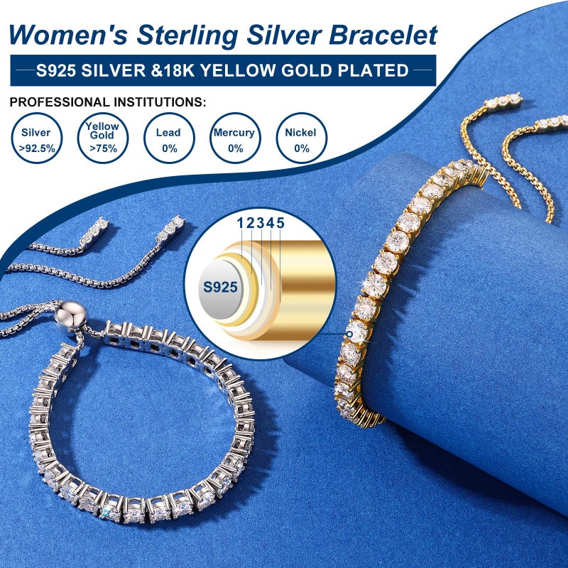 TUHE Moissanite Tennis Bracelet 2MM 1.79Carats Adjustable Tennis Bracelets for Women 18K Yellow Gold Plated S925 Sterling Silver Bracelets D Color VVS1 Lab Grown Moissanite Bracelet Valentine's Day Gift - Image 3