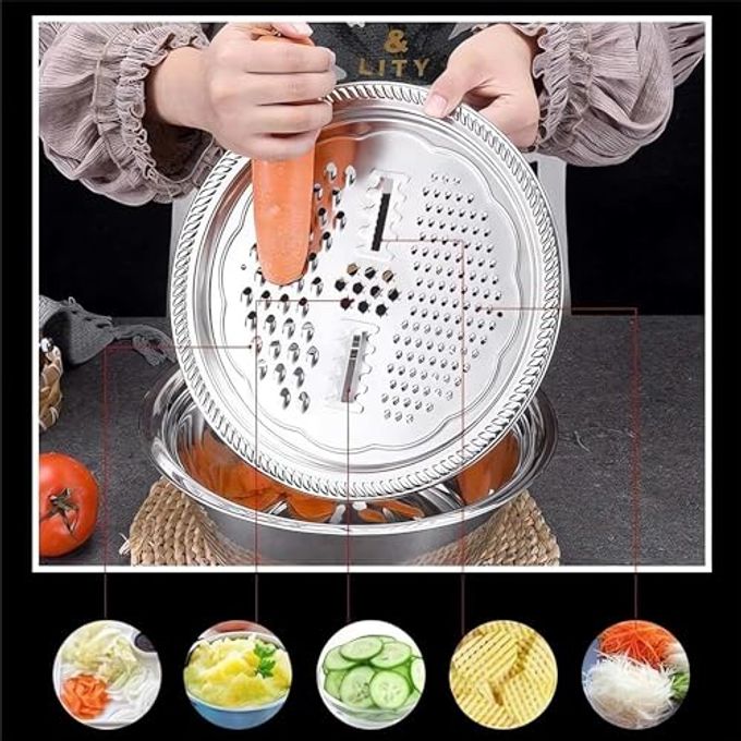 DqsWko Germany Multifunctional Stainless Steel Basin,Multifunction Stainless Steel Basin with Grater 3 in 1 Vegetable Cutter for Kitchen, Vegetable Slicer Grater Strainer and Drain Basket(10.2) - Image 3
