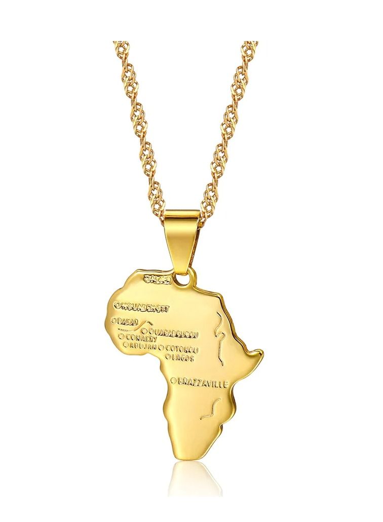Africa Map Pendant and Letter Carved Design Map of Africa Shaped 18k Gold Plated Necklace, African gift for her, UNISEX African Pendant Gift - Image 1