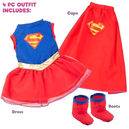 Dress Along Dolly 3pc Super Girl 18" Doll Outfit-Compatible w American Girl- Premium Handmade Clothes & Accessories Set Includes Dress, Shoes, Cape- Supergirl Hero Movie and Comic Halloween Costume - Image 2
