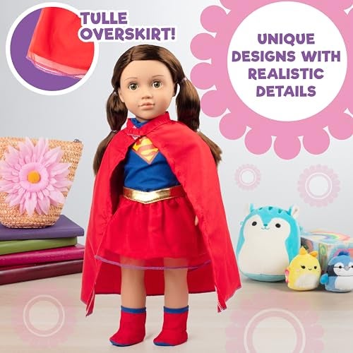 Dress Along Dolly 3pc Super Girl 18" Doll Outfit-Compatible w American Girl- Premium Handmade Clothes & Accessories Set Includes Dress, Shoes, Cape- Supergirl Hero Movie and Comic Halloween Costume - Image 5