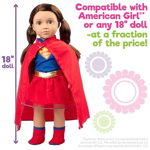 Dress Along Dolly 3pc Super Girl 18" Doll Outfit-Compatible w American Girl- Premium Handmade Clothes & Accessories Set Includes Dress, Shoes, Cape- Supergirl Hero Movie and Comic Halloween Costume - Image 3