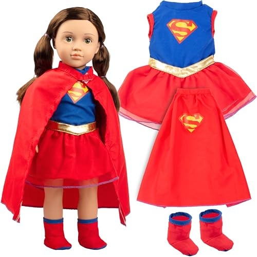 Dress Along Dolly 3pc Super Girl 18" Doll Outfit-Compatible w American Girl- Premium Handmade Clothes & Accessories Set Includes Dress, Shoes, Cape- Supergirl Hero Movie and Comic Halloween Costume - Image 1