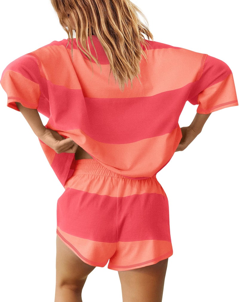 Yanekop Womens 2 Piece Outfits Summer Striped Lounge Set Two Piece Matching Workout Sets Oversized Short Sets Tracksuits(Coral Combo,XS) - Image 4